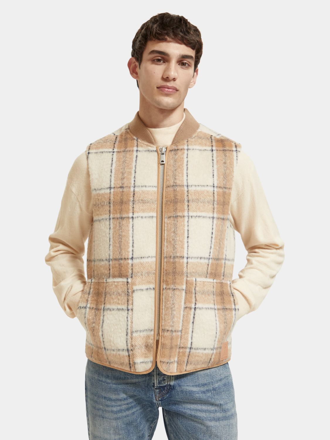 Wool blend zip-thru check gilet - Scotch & Soda AU
