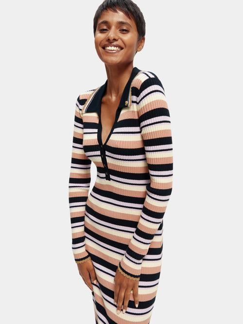 Long-sleeved rib knitted polo midi dress - Scotch & Soda AU