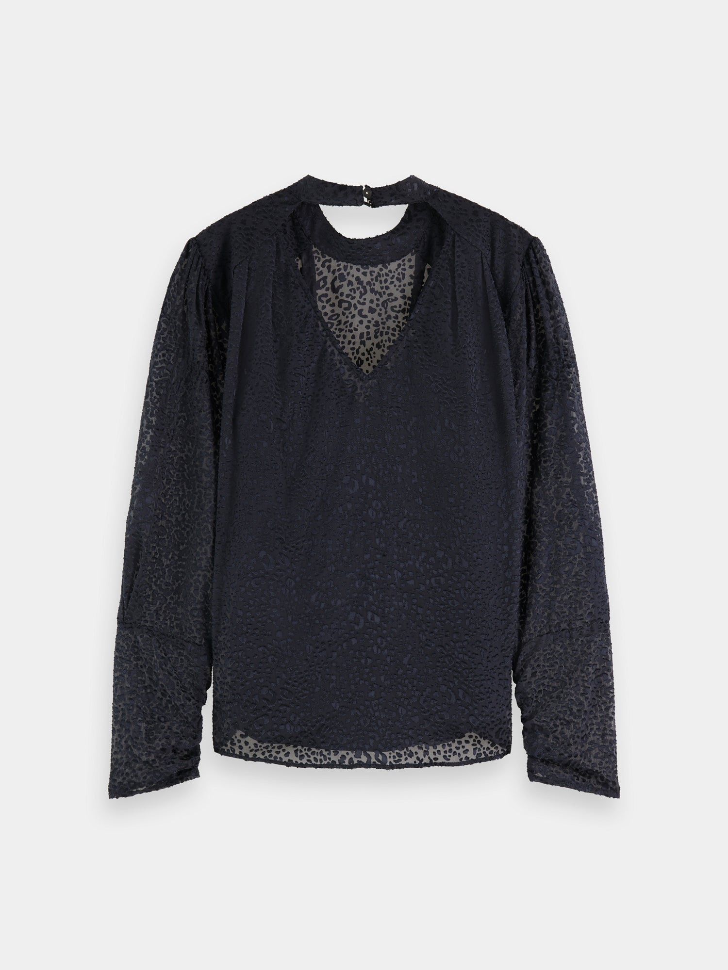 Mock neck open back blouse