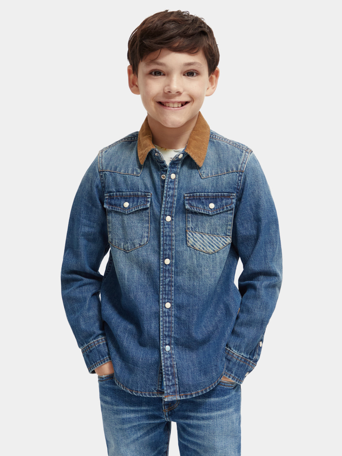 Kids - Washed denim shirt with corduroy collar - Scotch & Soda AU