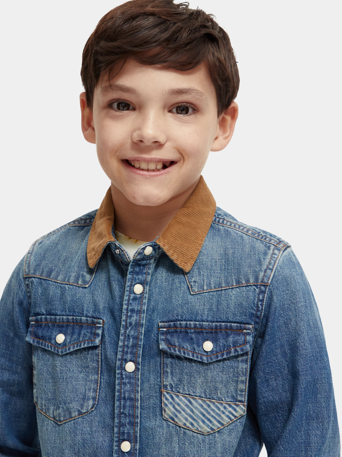 Kids - Washed denim shirt with corduroy collar - Scotch & Soda AU