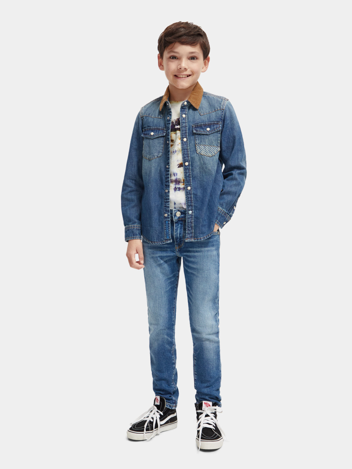 Kids - Washed denim shirt with corduroy collar - Scotch & Soda AU