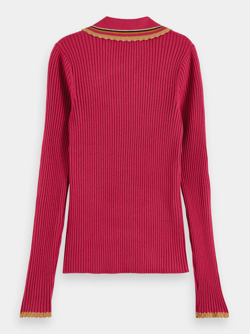 Knitted long-sleeved contrast-tipped polo - Scotch & Soda AU